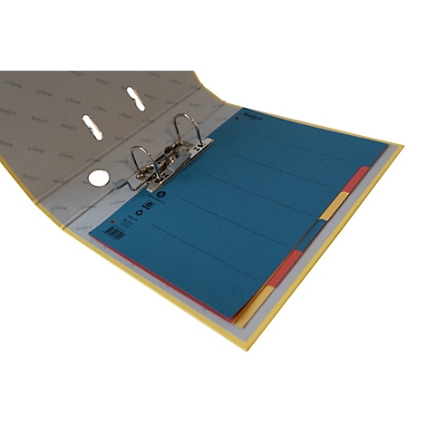 Gelber Ordner, geöffnet, mit blauem Blatt und Registern.