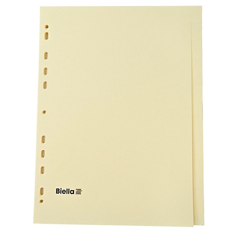 Hellgelbe, gelochte Klarsichthüllen von Biella. Die Hüllen sind leer und übereinander gelegt.