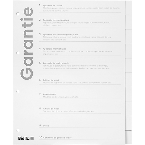 Graue Seite mit "Garantie"-Schriftzug und einer Liste von Produktkategorien. Unten links das Biella-Logo.