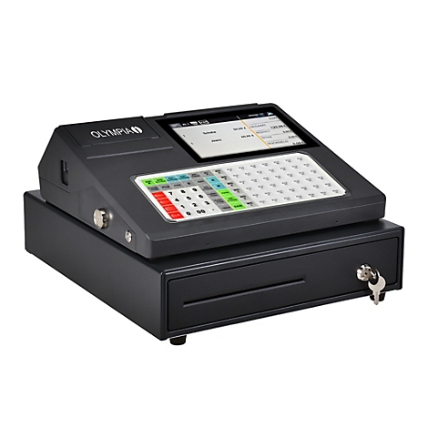 Schwarzes Olympia-Gerät mit Bildschirm, Tastatur und vielen Knöpfen. Das Gerät hat das Olympia-Logo.