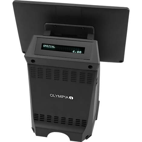Schwarzes Kassensystem, Display mit "SPEZIAL" und "6.00". Olympia Logo. Details wie Lüftungsschlitze.