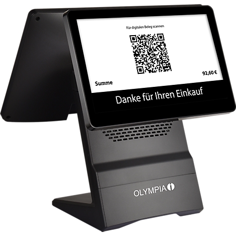 Schwarzes Kassensystem, das einen QR-Code anzeigt. Auf dem Bildschirm steht "Danke für Ihren Einkauf".
