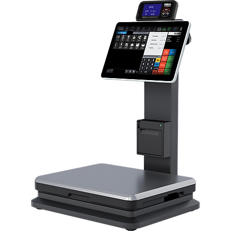 Graue Ladenwaage mit Touchscreen. Auf dem Bildschirm sind Produktinformationen und eine Tastatur zu sehen.