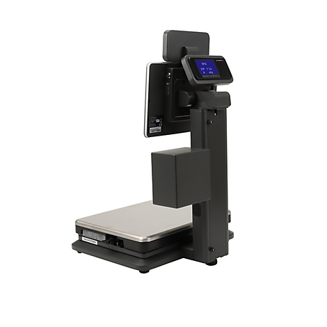 Digitale Waage, dunkelgrau mit Display, zeigt Messwerte. Die Waage steht auf einem grauen Sockel.