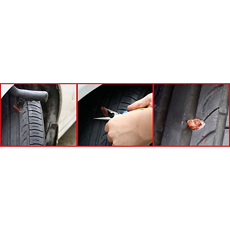 Reifenreparatur in drei Schritten: Reifen mit Loch, Loch wird mit Zange erweitert, Reparaturpatch wird angebracht.