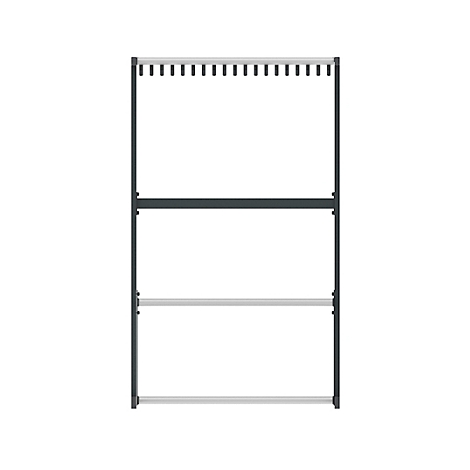 Kleiderständer in Grau mit grauen Stangen für Kleider. Zwei Regale und eine Kleiderstange oben.