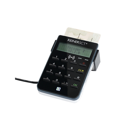 Black card reader with numbers, buttons, and a display. A card is inserted in the reader.