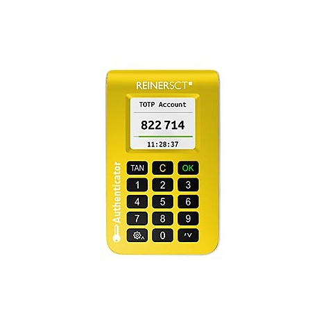 Gelber REINER SCT Authenticator mit Display und Tastenfeld zeigt einen sechsstelligen Code an.