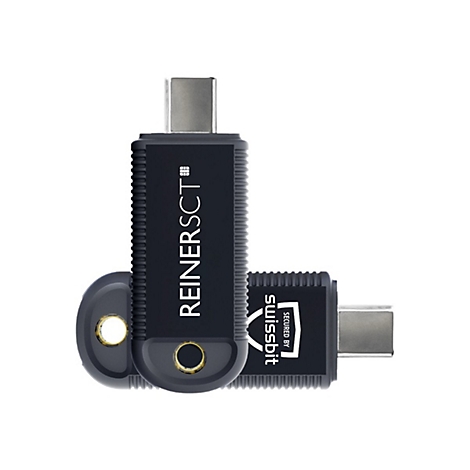 Zwei schwarze USB-C Sicherheits-Sticks mit REINER SCT und Swissbit Branding vor weißem Hintergrund.