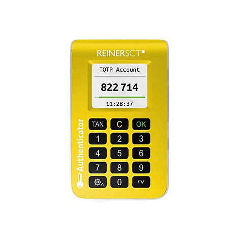 Gelber ReinerSCT Authenticator mit Display, das die Zahl 822 714 und eine Zeitanzeige auf weißem Grund zeigt.