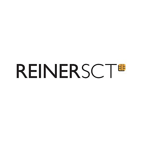 Firmenlogo von REINER SCT, schwarzer Schriftzug mit einem gelben Chip-Symbol am Ende.