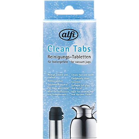 Produktverpackung von Alfi Clean Tabs, Reinigungstabletten für Isoliergefäße, mit Thermoskanne und Isolierflasche. Blauer Hintergrund.