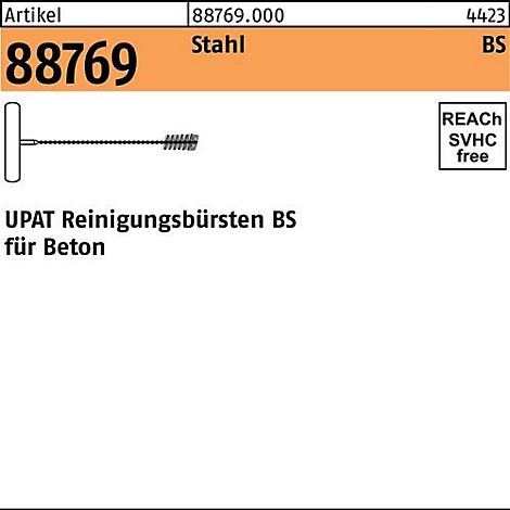 Reinigingsborstel met T-vormige handgreep. Tekst: Artikel 88769 Staal, UPAT reinigingsborstels BS voor beton, REACH SVHC free.