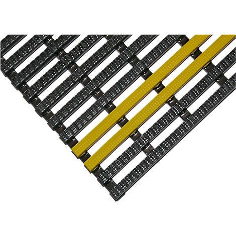 Primer plano de una rejilla negra rectangular con dos rayas amarillas. El diseño es estructurado.