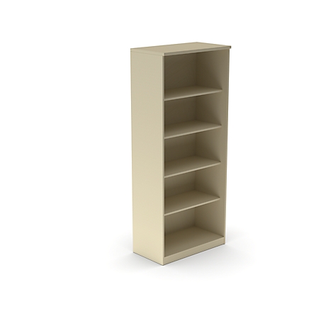 Beige kast met vijf planken. De kast staat tegen een witte achtergrond.