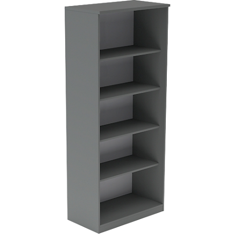Grijze, hoge kast met vijf planken. De kast staat op een witte achtergrond.