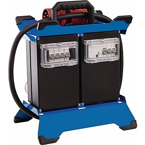 Distributeur d'alimentation bleu et noir avec poignée, deux couvercles transparents avec interrupteurs et un câble.