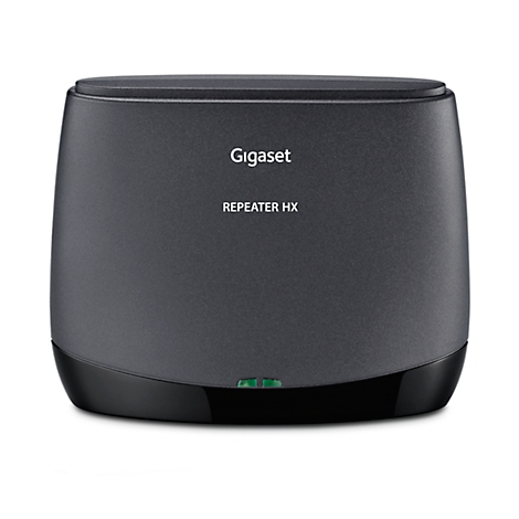 Un répéteur Gigaset HX gris foncé, de forme ovale. LED vertes s'allumant en bas.