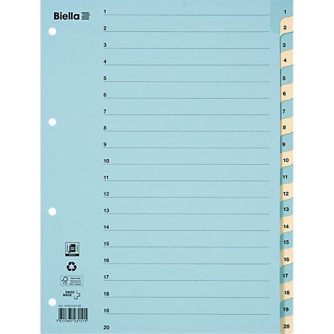 Classeur bleu clair avec numérotation latérale 1-20. Le logo Biella et d'autres informations sont sur la gauche. Onglets de couleur jaune-beige.