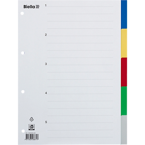 Une fiche d'index blanche avec des séparateurs colorés, numérotée.