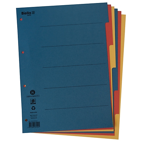 Classeur bleu avec onglets de séparation rouges et jaunes. Avec bords perforés et lignes.