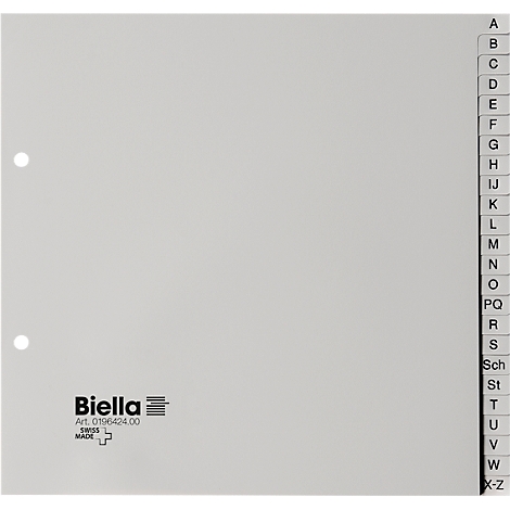Fiche grise avec lettres de A à Z. Marque Biella, numéro d'article et logo Swiss Made sont visibles.