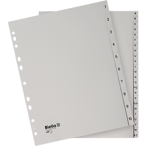 Fiches d'index grises, étiquetées avec des chiffres et des lettres. Perforation à gauche, marque Biella.