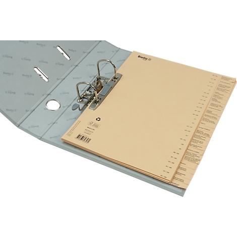 Classeur gris clair avec des inserts jaunâtres. Les anneaux sont ouverts.