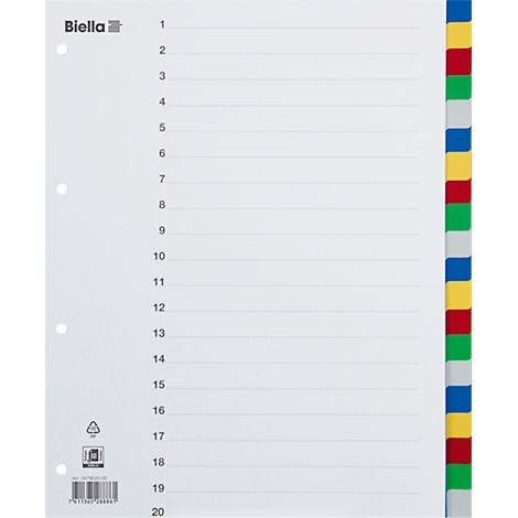 Un index blanc avec des onglets colorés. 20 lignes sont numérotées sur le papier.