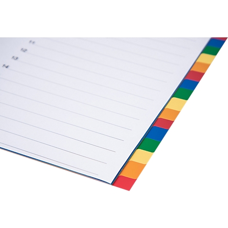 Gros plan sur un carnet ouvert avec des onglets colorés et des pages lignées. Numérotation 11 à 14 visible.