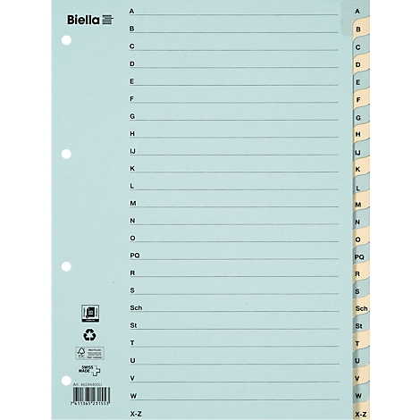 Index de couleur bleu clair avec des lettres de A à Z. Biella est en haut à gauche. Il y a trois trous à gauche.