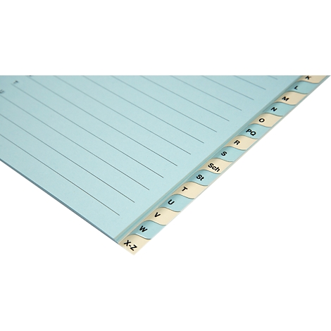 Registre bleu clair avec onglets étiquetés (A-Z). Lignes noires sur les pages.