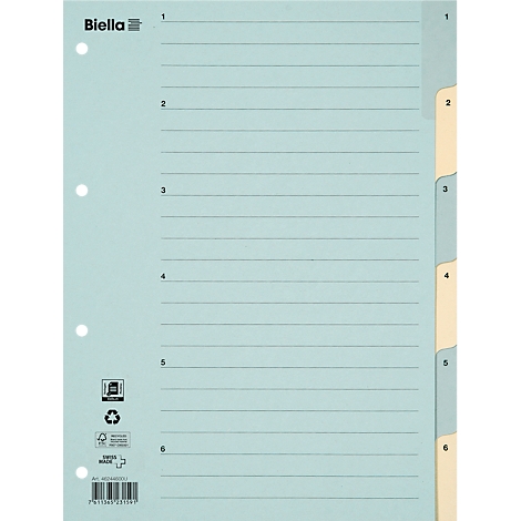 Papier ligné bleu clair avec onglets et marquages de 1 à 6. Avec le logo Biella, perforation et labels environnementaux.