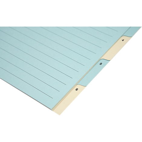 Papier ligné bleu clair avec onglets séparateurs de couleur crème, numérotés 4, 5 et 6.