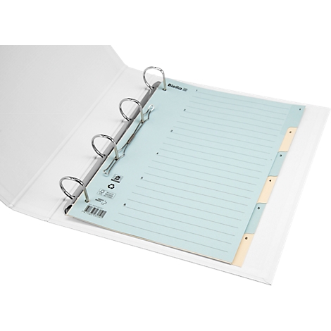 Classeur blanc, ouvert, avec papier bleu et onglets.