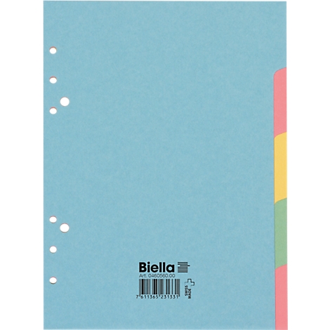 Séparateur de fichiers bleu avec onglets colorés et logo de la marque, perforé à gauche.