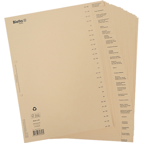Dossier de couleur claire avec des onglets d'index, qui sont étiquetés.