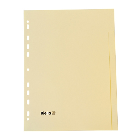 Pochette de document transparente jaune clair avec trous sur le bord. Le logo "Biella" est en bas à gauche.