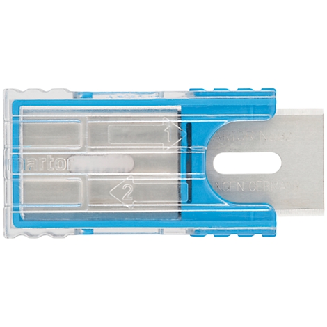 Close-up of a box cutter with a blue handle. The transparent housing encloses the blade, which is labeled with "Made in Germany."