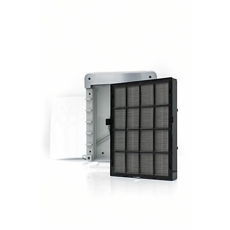 Air filter with grid structure and housing, against a white background.