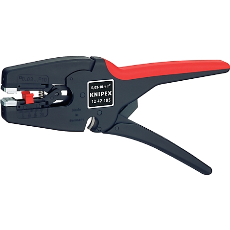 Close-up of a black and red wire stripper with the inscription 'KNIPEX 12 42 195'.
