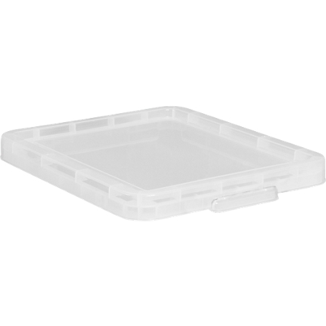 Transparent, rectangular plastic container. Lid with handle and openings for possible locking.