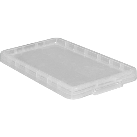 Transparent rectangular lid with ribbed sides. A small handle for opening is visible.