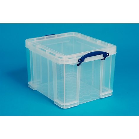 Transparent plastic box with blue handle on blue background.