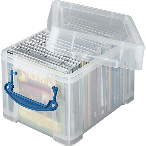 Clear plastic storage box, half open, filled with CDs. Blue handle. Lid slightly lifted.