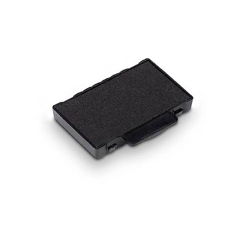 Black ink pad with dark stamping surface. A handle on the side.