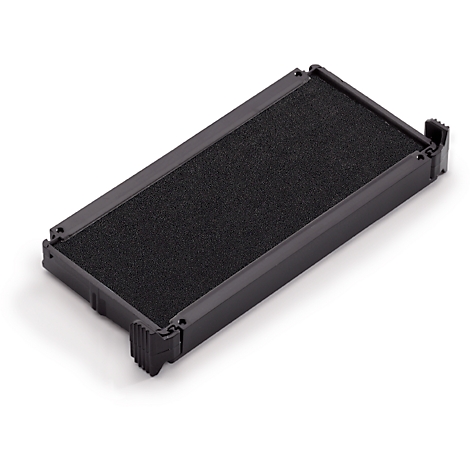 Black stamp pad in rectangular plastic box. The ink surface is rough and black.