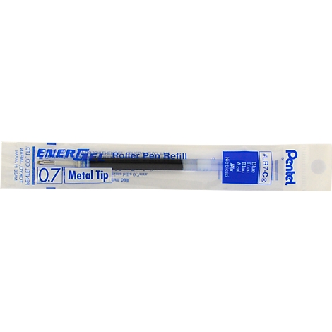A pen refill in a plastic package, it says 'ENERGE Roller Pen Refill' and '0.7 Metal Tip'.