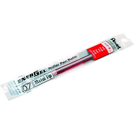 A red ballpoint pen refill in a clear plastic packaging. Printed text: Energiel Metal Tip 0.7.