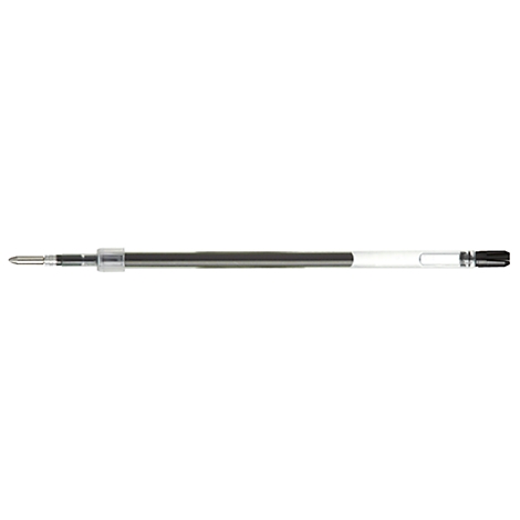 A pen refill for a ballpoint pen, made of metal and black ink. On a white background.